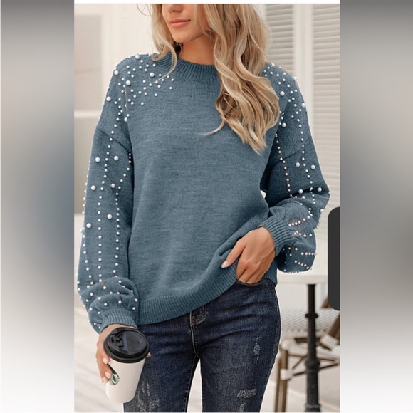 Women's Teal Pearl-Embellished Sweater - Picture 6 of 11